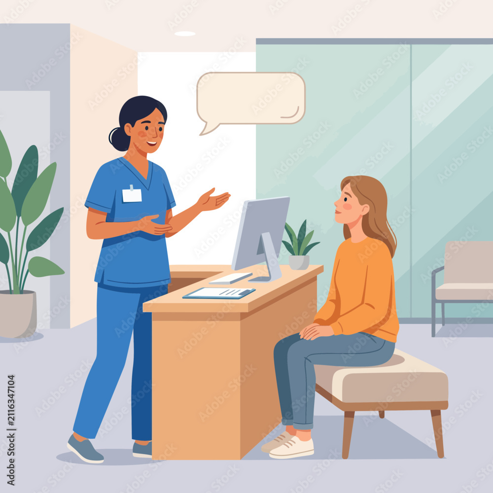 Fototapeta premium Nurse talking to patient at reception desk in modern clinic, healthcare concept