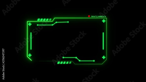 Glowing green digital frame with circuit board and data points on a black background for futuristic interface and technology display overlays