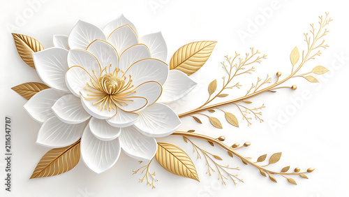 Decorative white lotus style flower with golden leaf accents