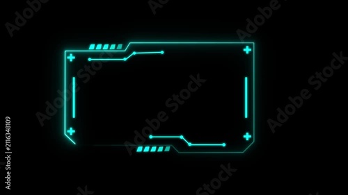 Teal glowing digital frame with circuit board and data points on a black background for futuristic interface and technology display overlays