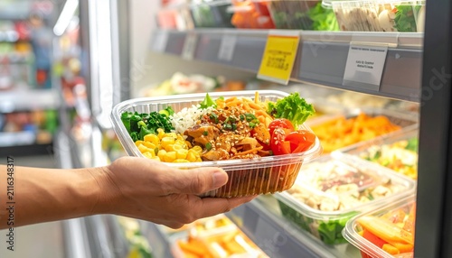A close up shot of a hand holding a prepackaged meal tray filled with a fresh salad bowl inside a grocery store refrigerated aisle display.