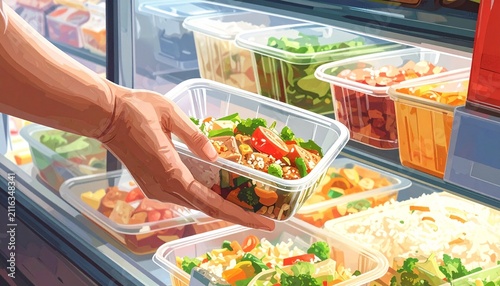 Person selecting a healthy prepackaged meal from a refrigerated grocery store display case showcasing a variety of fresh food containers.