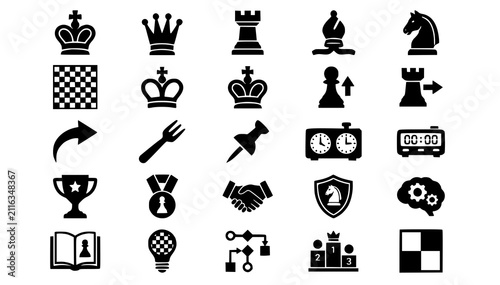 Quadro su tela Chess Figure Silhouette Pack with Chessboard and Strategy Icons Vector Illustrat