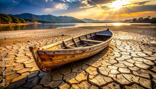 A wooden boat sits abandoned on the parched cracked earth of a dried lake bed during a dramatic sunset landscape in the wilderness.