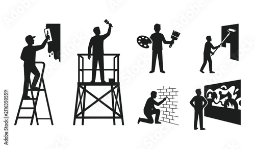 Artist painting wall with different tools and techniques