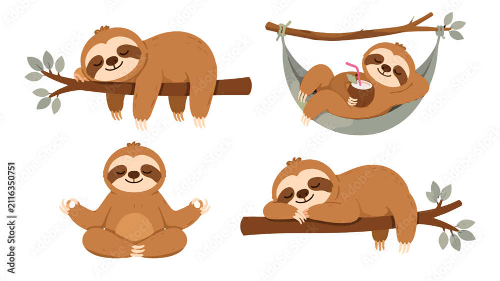 Fototapeta premium Cute sloth set with sleeping, meditating, and hammock poses
