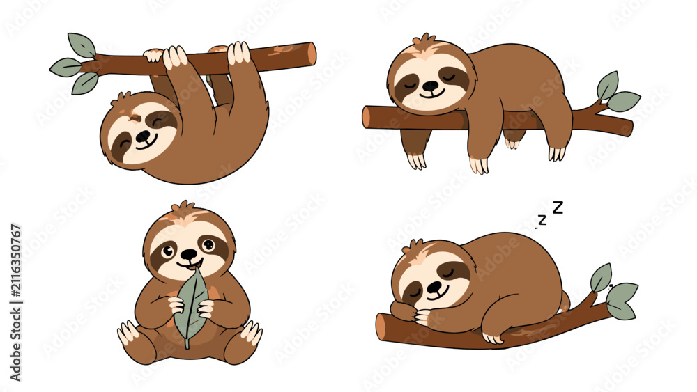 Fototapeta premium Cute sloth cartoon set with sleeping and hanging poses