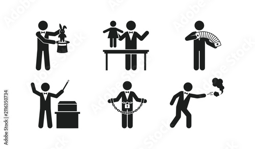 Six magician and performer icons in black and white