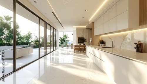 Modern Luxury Kitchen and Living Area with Floor-to-Ceiling Windows and Lush Greenery.