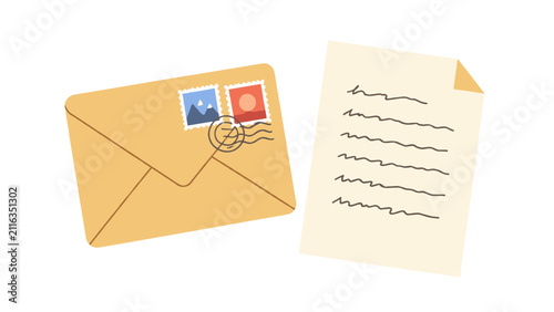 Envelope with postage stamps beside a handwritten letter