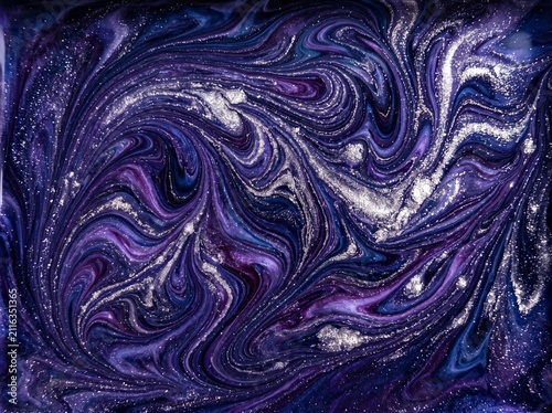 Abstract fluid art background with swirling purple, blue, and silver metallic glitter paint