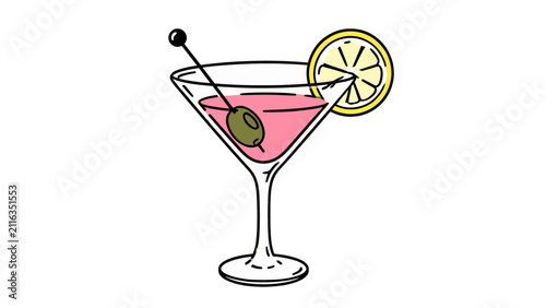 Bild auf Leinwand Hand drawn martini glass with pink cocktail, olive, and lemon