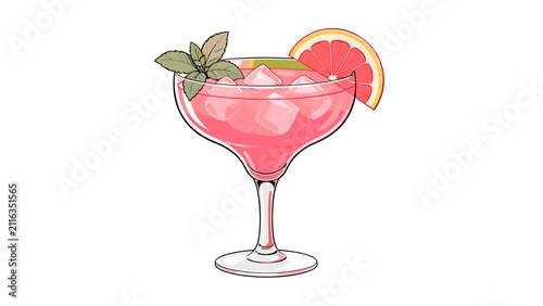 Fotografía Pink citrus cocktail in stemmed glass with ice and mint