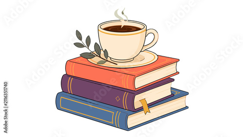 Foto Steaming coffee cup on stacked books with leafy branch illustration