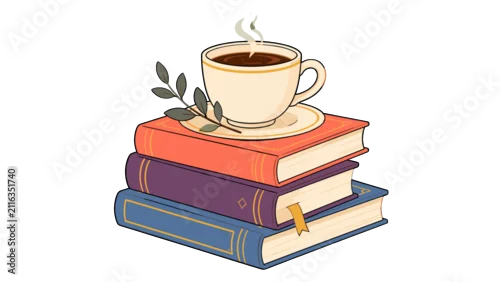Obraz Steaming coffee cup on stacked books with leafy branch illustration