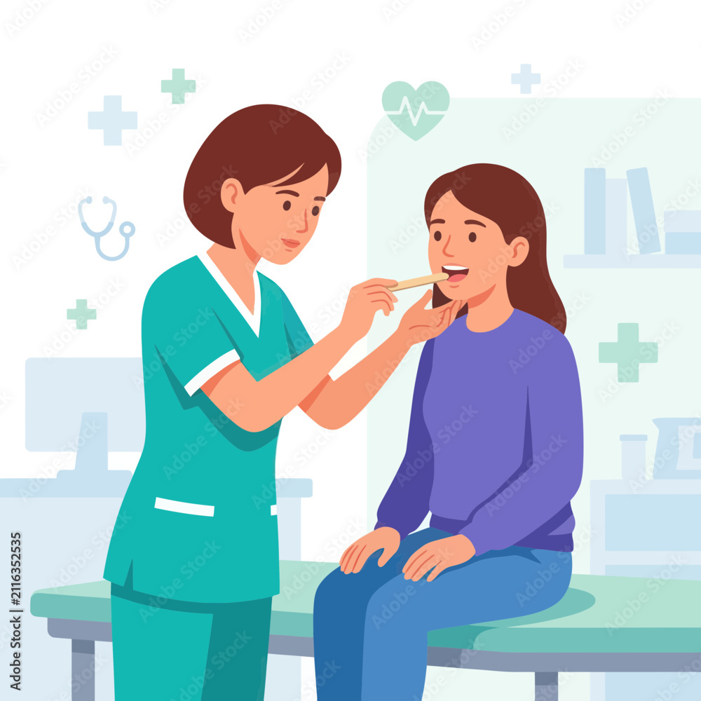 Fototapeta premium Doctor examining patient's throat with tongue depressor, medical check-up, illustration