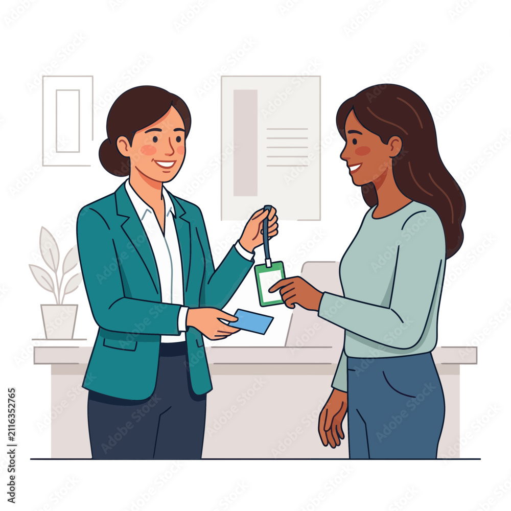 Fototapeta premium Friendly Receptionist Giving ID Badge and Access Card to New Employee or Visitor