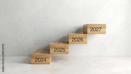 Wooden blocks staircase labeled with years 2024 to 2027