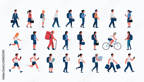 Various people walking side view set with diverse adults in different poses and outfits