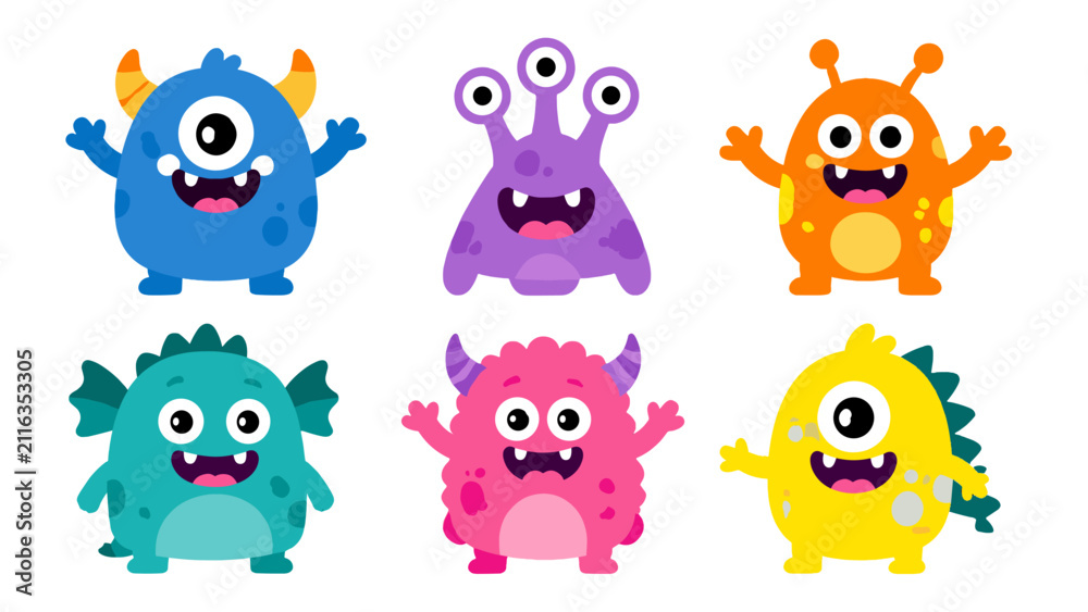 Fototapeta premium Set of six colorful cartoon monster characters on white