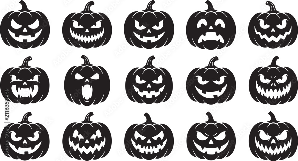 Obraz premium A collection of fifteen spooky black pumpkin silhouettes with scary carved faces isolated on a white background for your halloween design projects