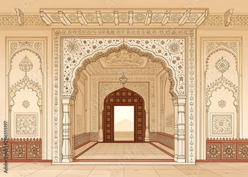 Empty carved Indian palace portal, premium vector, limited rust, cream, and bronze colors
