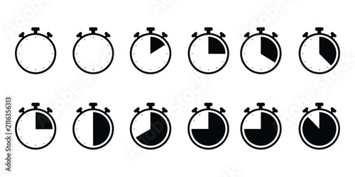 Obraz na płótnie Timer and stopwatch icon set, countdown clock symbols, time tracking, productivity management, minute interval timer, vector illustration