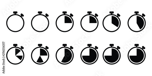 Fotografie Timer and stopwatch icon set, countdown clock symbols, time tracking, productivity management, minute interval timer, vector illustration