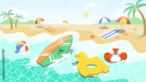 Tropical summer beach landscape with surfboard, yellow duck tube, lifebuoy and palm trees