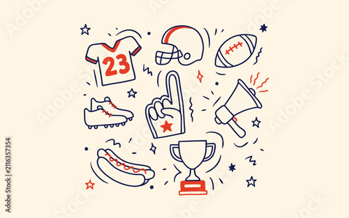 Vector illustration of american football sports equipment icons set with trophy helmet and ball