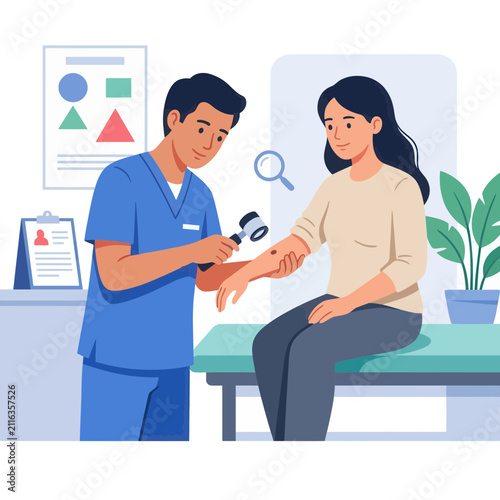 Dermatologist Examining Patient's Skin for Moles with Magnifying Tool in Clinic - Flat Vector Illustration