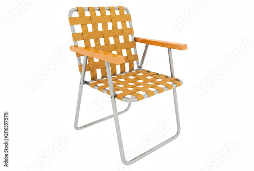 Konstfotografi Vintage Yellow Woven Folding Lawn Chair with Wooden Armrests