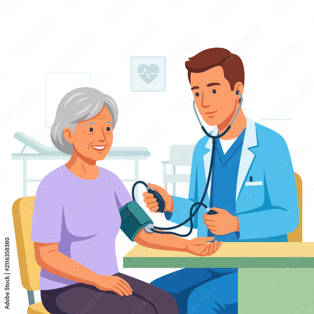 Fototapeta premium Doctor Checking Elderly Woman's Blood Pressure in Clinic with Stethoscope and Sphygmomanometer