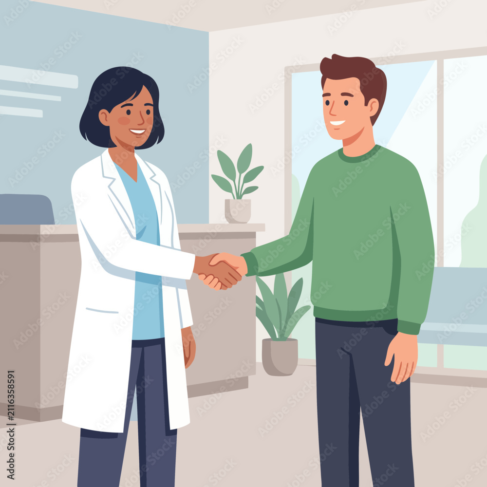 Fototapeta premium Diverse Doctor and Patient Shaking Hands in Modern Medical Office - Flat Vector Illustration