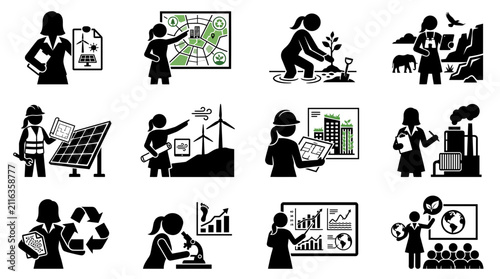 Fotografía Eco-friendly business icons: sustainability, renewable energy, green technology,