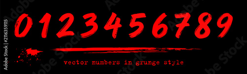 Red numbers set from 0 to 9 in grunge brush style, hand drawn with ink splash and paint stroke, isolated on black background. Vector numbers in grunge style on a black background
