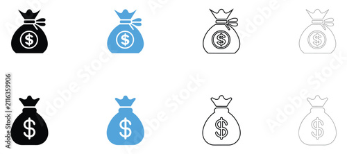Moneybag dollar vector icon, moneybag with dollar symbol vector, silhouette and outline isolated on transparent background