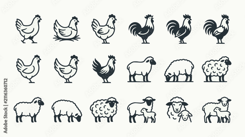 Obraz premium Set of farm animal illustrations for children's books. Hand-drawn vector livestock icons in black and white line art style.