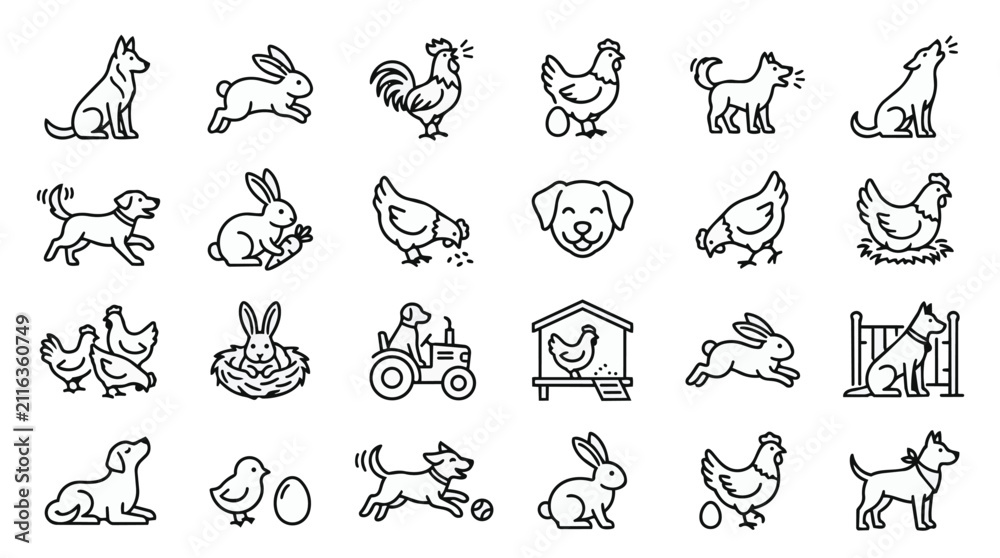 Obraz premium Hand-drawn farm animal icons set in continuous line art style. Minimalist vector illustrations of pets, livestock, and wildlife for design projects.