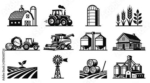 Set of farming and agriculture icons. Vector illustrations of rural farm equipment and crops.