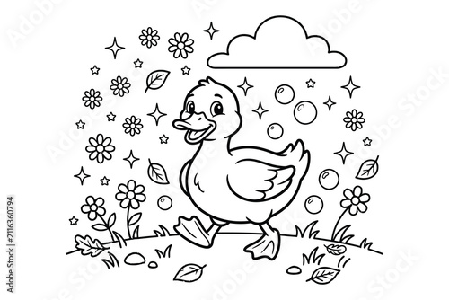 Fotografie Cute little cartoon duck walking in meadow with flowers coloring page duckling w
