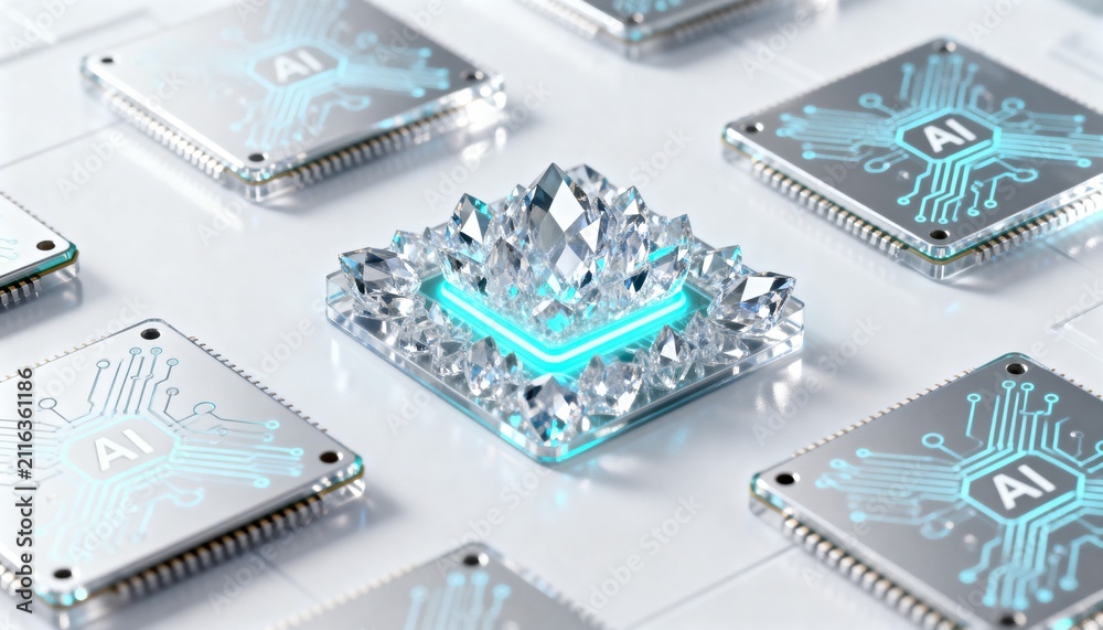 Fototapeta premium Shiny crystal computer processor chip glowing with blue light represents advanced artificial intelligence hardware technology innovations