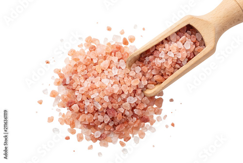 Fotografie Pink Himalayan Salt Crystals with Wooden Scoop