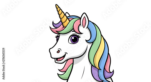 A cute cartoon unicorn head with a colorful rainbow mane and golden horn