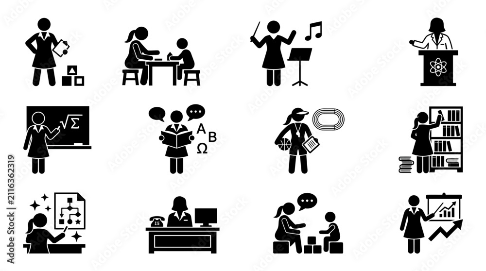 Obraz premium Diverse Teacher Icons: Education, Mentoring, and Learning Concepts