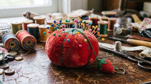 Red tomato pincushion with sewing thread spools and scissors.