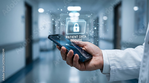 Hospital personnel using smartphone with projected patient data secure symbol to ensure privacy and safety security hospital technology healthcare protection