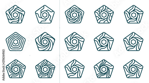 Fotografie Collection of fifteen geometric pentagonal line art logos.
