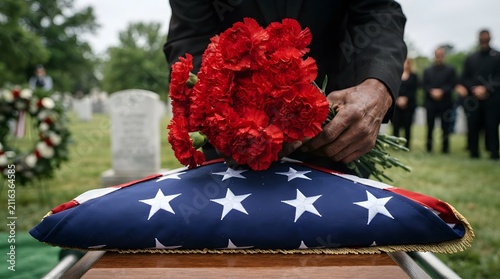 Person placing flowers on a casket. Military funeral with American flag and red carnations.