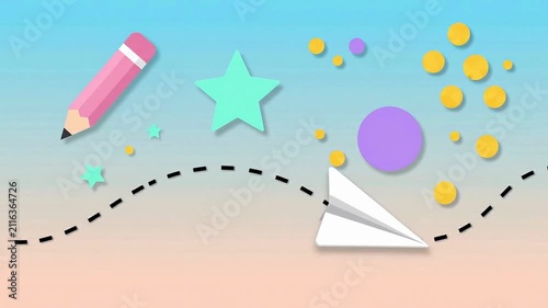 Playful and imaginative colorful background illustration featuring a paper plane and drawing tools for kids education